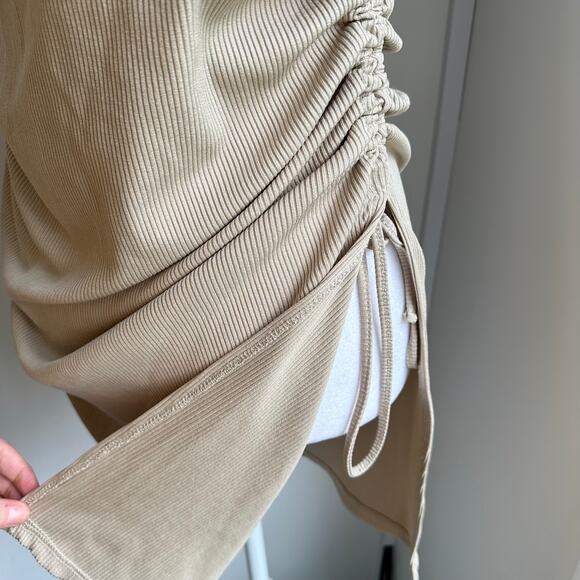 Zara Gold Tan Ribbed Side Tie Ruched Sexy Stretch Casual Tank Dress Medium - Picture 5 of 8